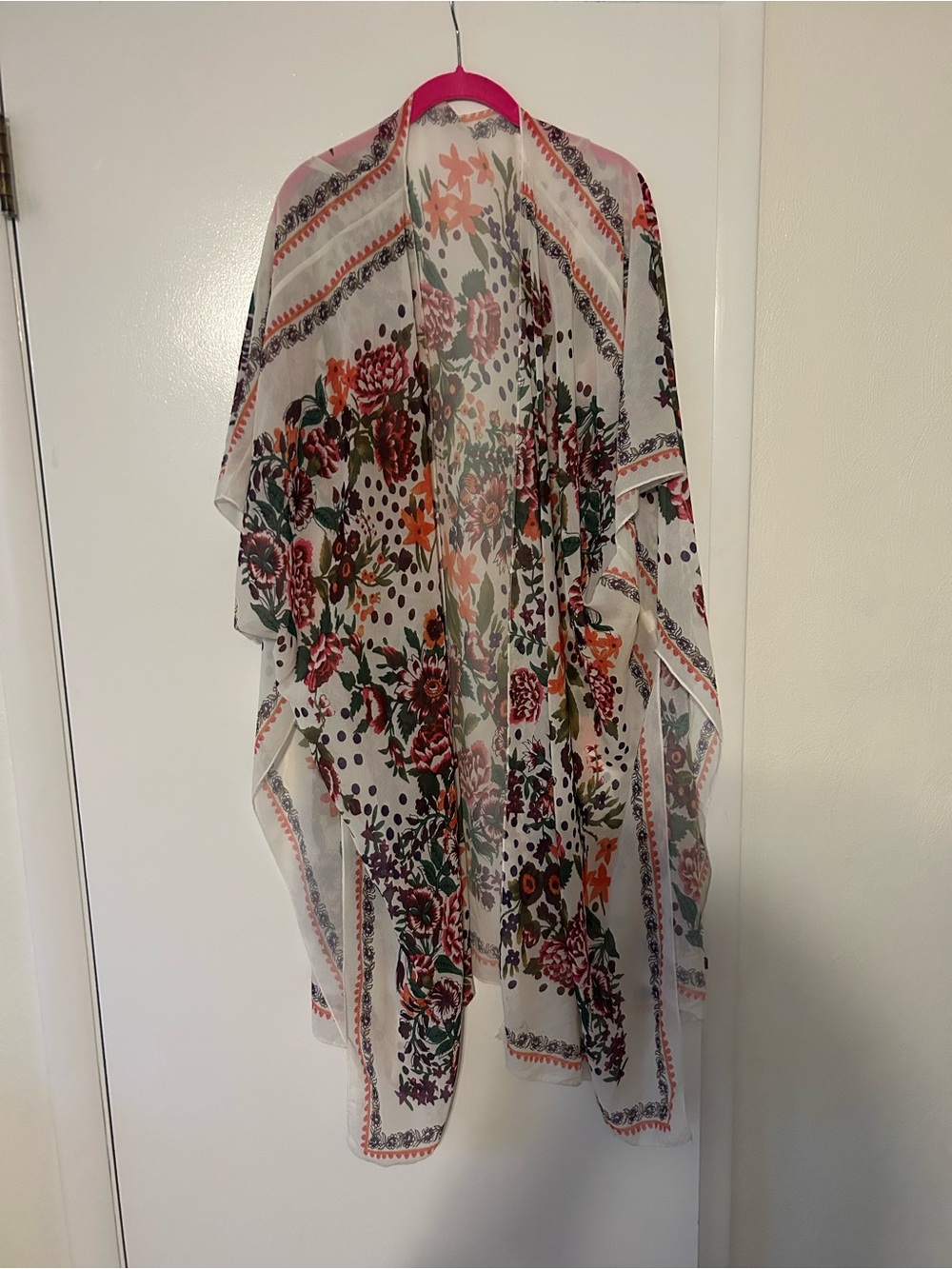 Sheer Floral Kimono Cover-Up in White with Multicolor Floral Print